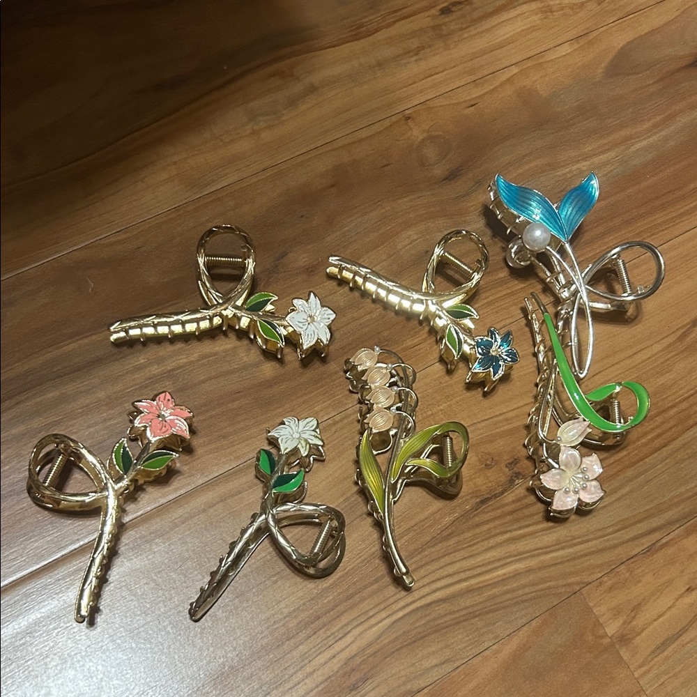 Assorted Floral Gold-Tone Enamel Brooch Set - Blue, Green, Pink, White Accents